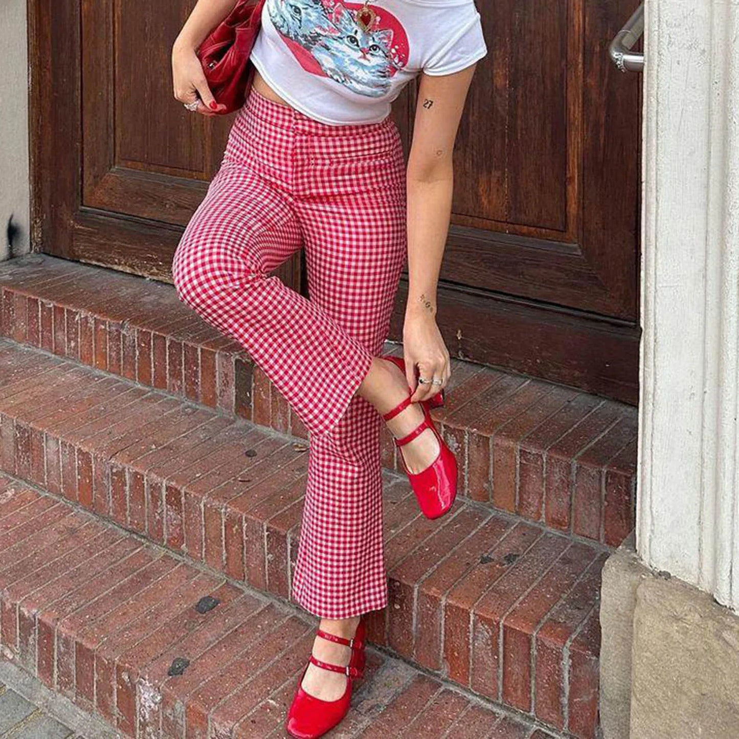 nvxiot - Womens Plaid Wide Leg Flare Pants High Waist Baggy Checkerboard Printed Straight Leg Trousers Joggers Streetwear