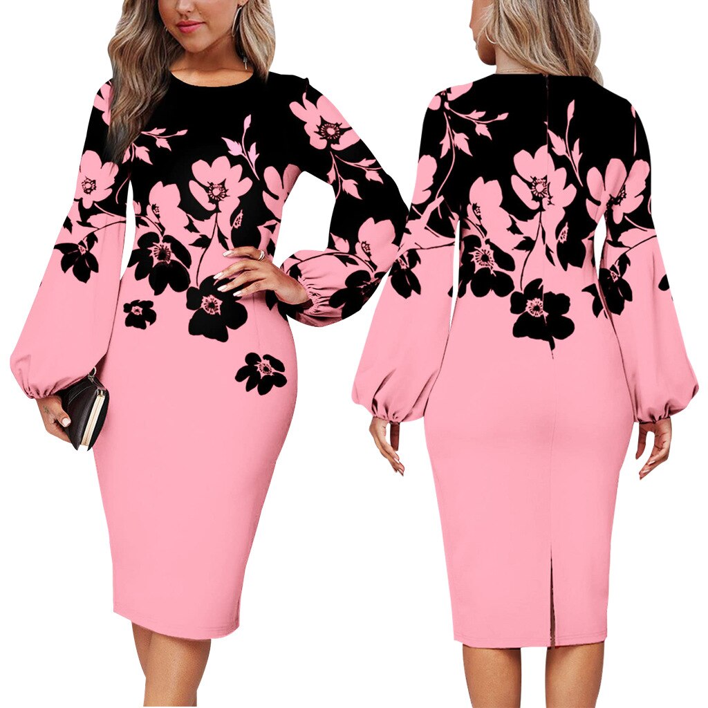 nvxiot Fashion Floral Print Dress Women Elegant O Neck Long Sleeve Party Robes Bodycon Lantern Sleeves African Printed Vestidos Autumn