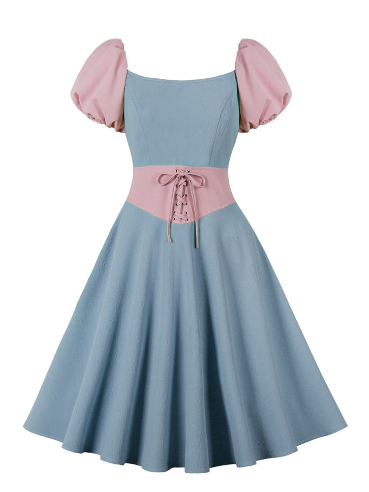 nvxiot New Harajuku Vintage Pink Blue Patchwork Puff Sleeve A-Line Dress Fashion Women Lace-Up Waist Party Night Elegant Dresses