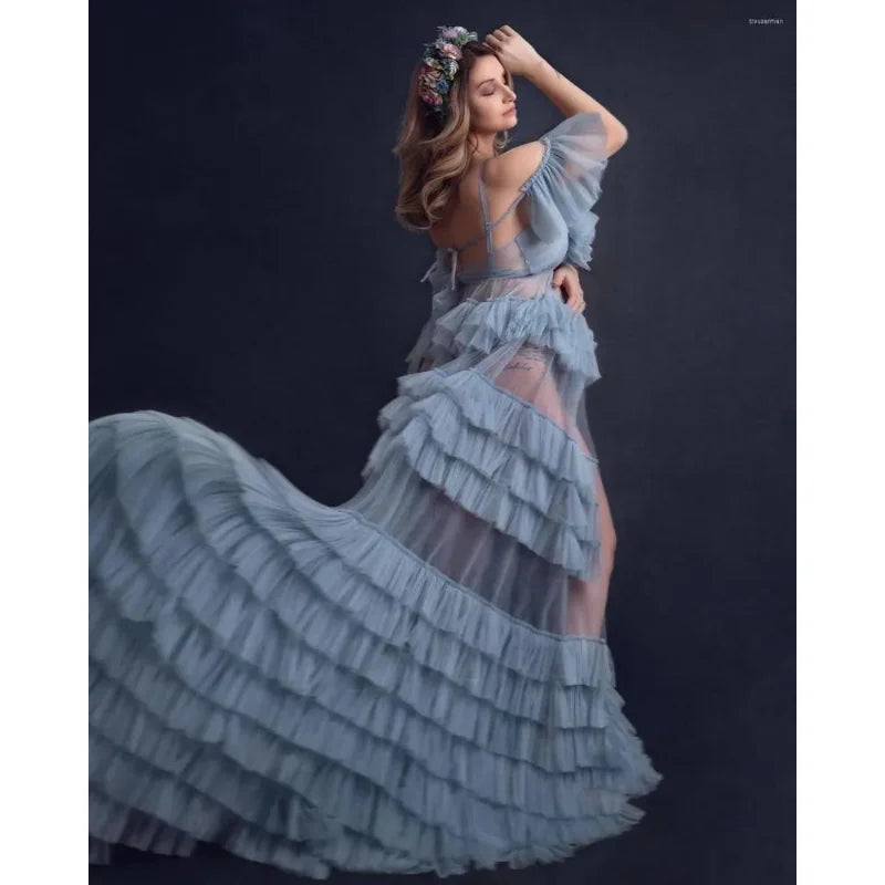 nvxiot - New Wraps Sexy Shoulder Sleepwear Pography Tiered Skirts Short Sleeve Nightdress Pregnant Women Fancy Pregnancy Dress