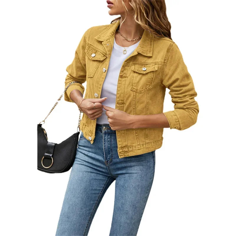 MQTIME - 2024 New Women Short Denim Jackets Fashion Female Casual Long Sleeve Lapel Solid Button Pocket Slim Jean Jacket Fall Winter Coat