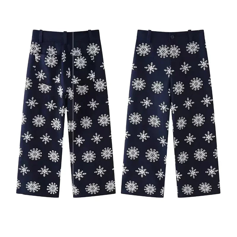 MQTIME - Embroidered Pants Sets For Women 2 Pieces 2024 New Summer Single-breasted Shirt Top Wide Leg Trousers Two Piece Suit Female