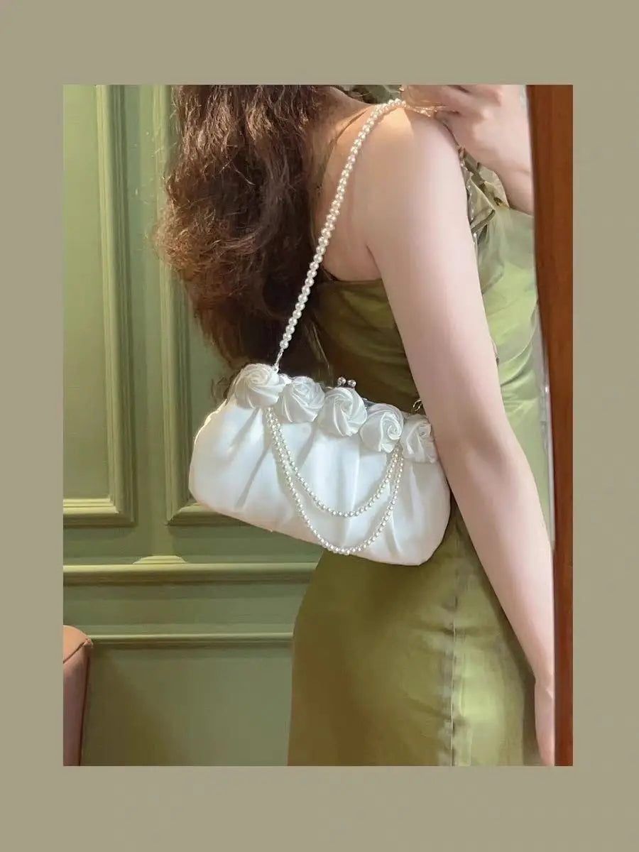 nvxiot - Fairycore White Hand Bag Purse Women Chinese Style Pearl Chic Elegant Messenger Bag Ladies Handle Y2k Handbag Aesthetic