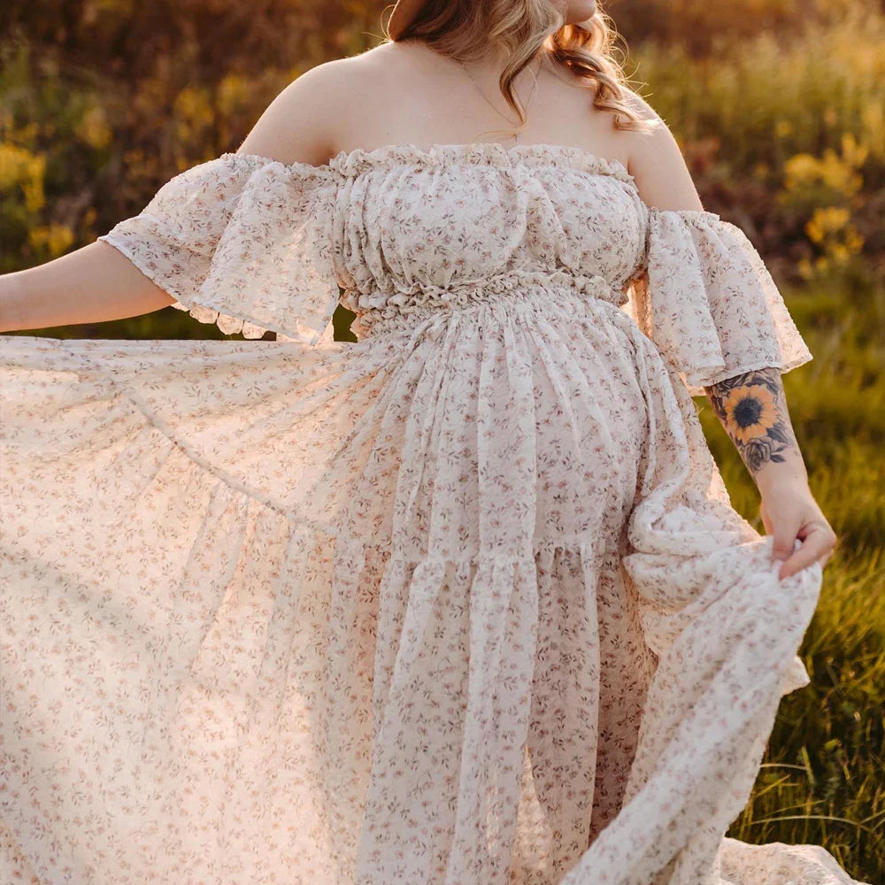 nvxiot - Photoshoot Dress For Women Floral chiffon Two-Piece Long Sleeved&Short Sleeved Short Top Maternity Dresses For Baby Showers
