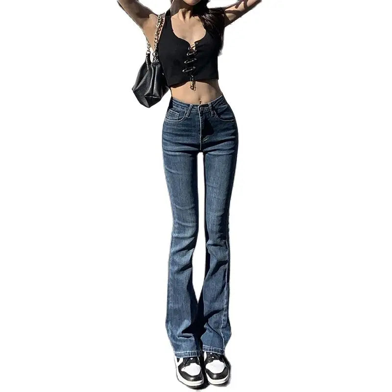 nvxiot High stretch denim flared pants women's spring and summer new slim-fit high-waisted straight jeans retro design sense pants