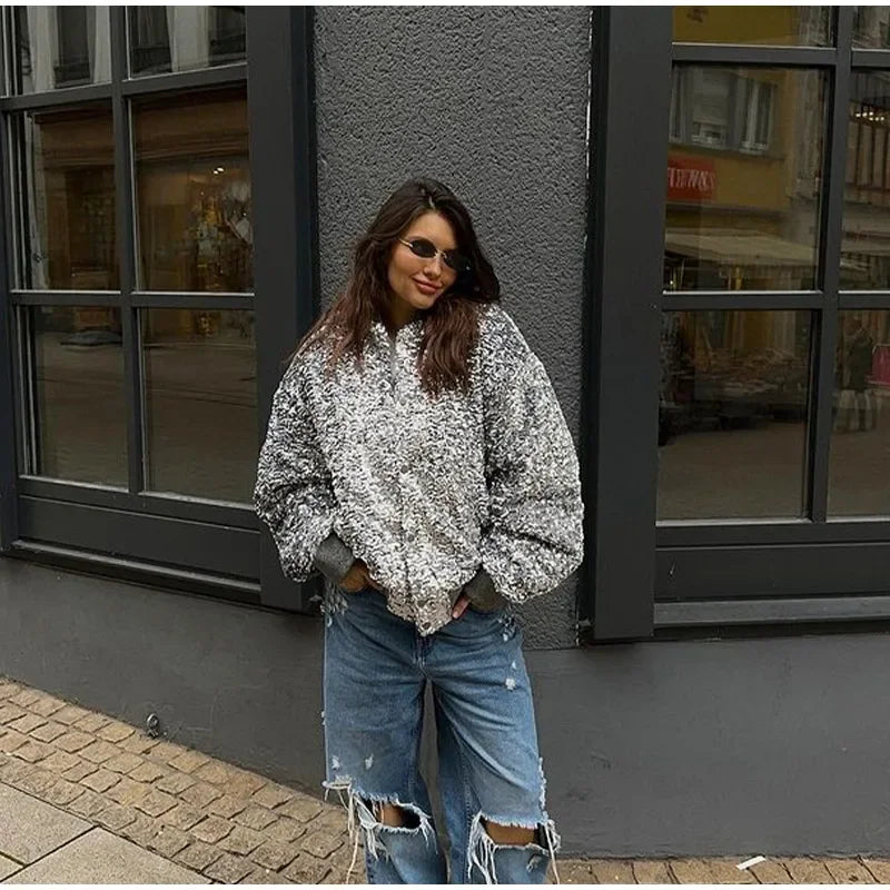MQTIME - Sequin Bomber Jacket Women Long Sleeve V-neck Single Breasted Pocket Coat Female Autumn Winter Casual Fashion Y2K Streetwear