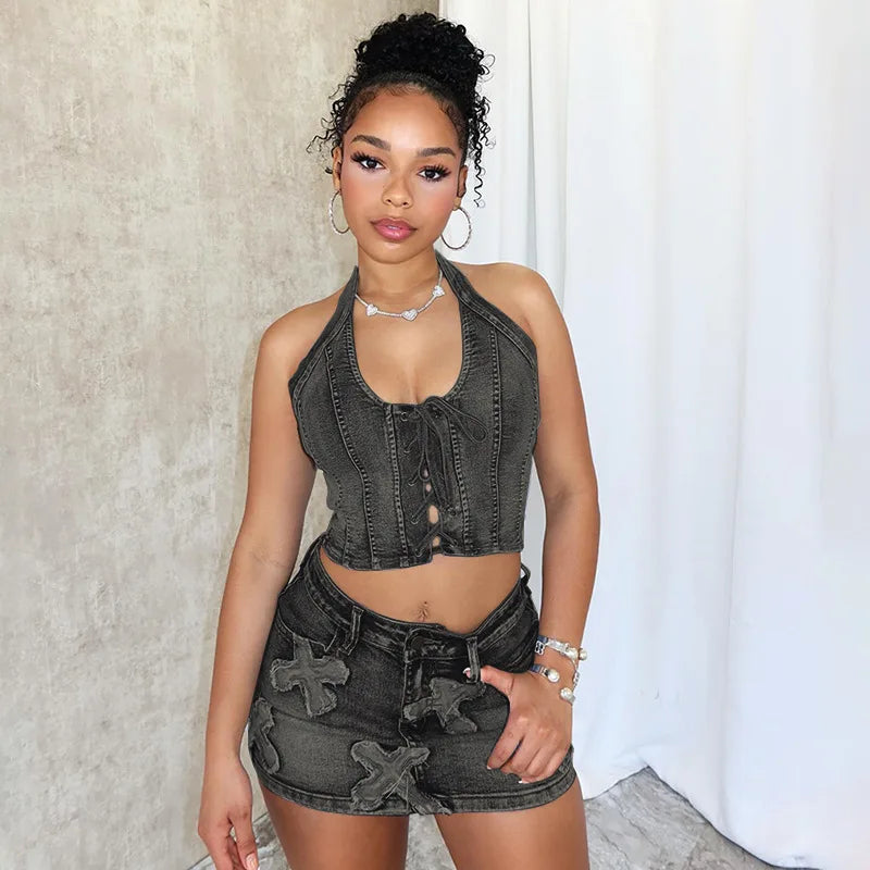 nvxiot - Tassel Cross Embroidery Denim Two Piece Set Women Summer Grommet Lace Up Halter Backless Tank Crop Tops + Mini Skirts Jeans Suit