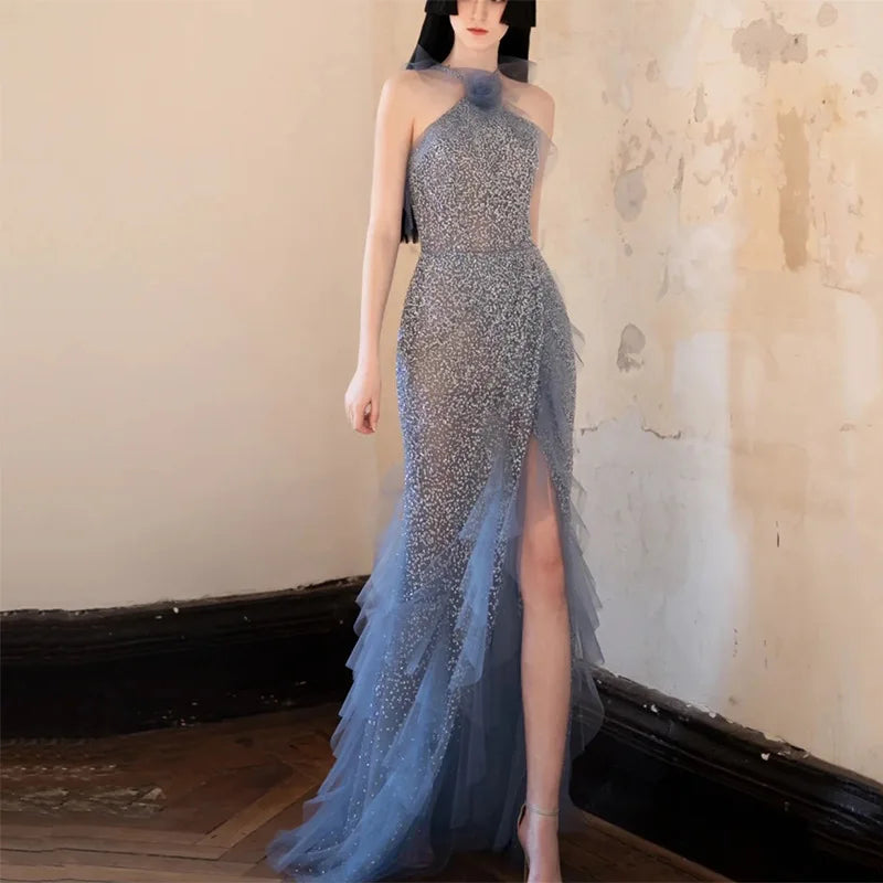 MQTIME - Women Blue Beading Prom Gowns Formal Halter Long High Split Evening Gowns Vestido De Fiesta