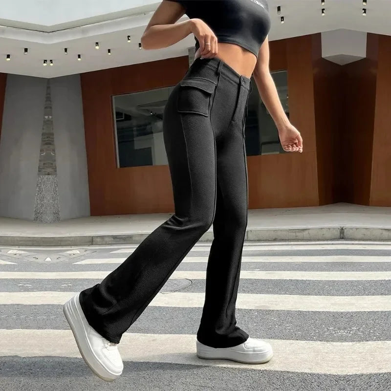 nvxiot - 2024 New Women's Gothic Wear Instagram Street Pocket Slim Fit Solid Color Elastic Micro Flap Pants Casual Y2k Women Pants YSQ23