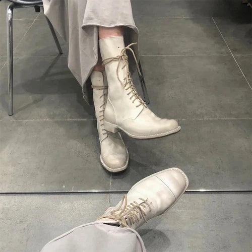 MQTIME - Fashion Ankle Boots Women Platform Leather Side Lace-Up Ladies Non-slip Thoes straps Handmade Ankle Boots for Women