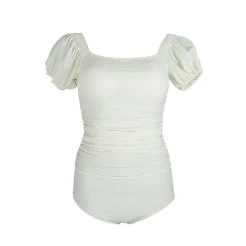 MQTIME - Stylish Off Shoulder Puff Sleeve Backless Swimsuit with Tied Waist
