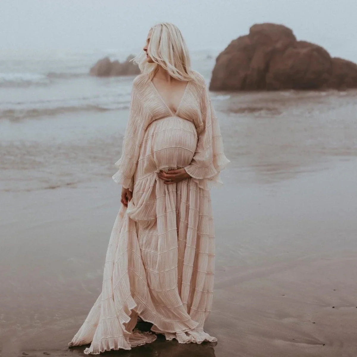 MQTIME - Pleat Mesh Boho Maternity Dress For Photography Props V-neck Sides Slit Bohemian Pregnancy Photo Shoot Dress