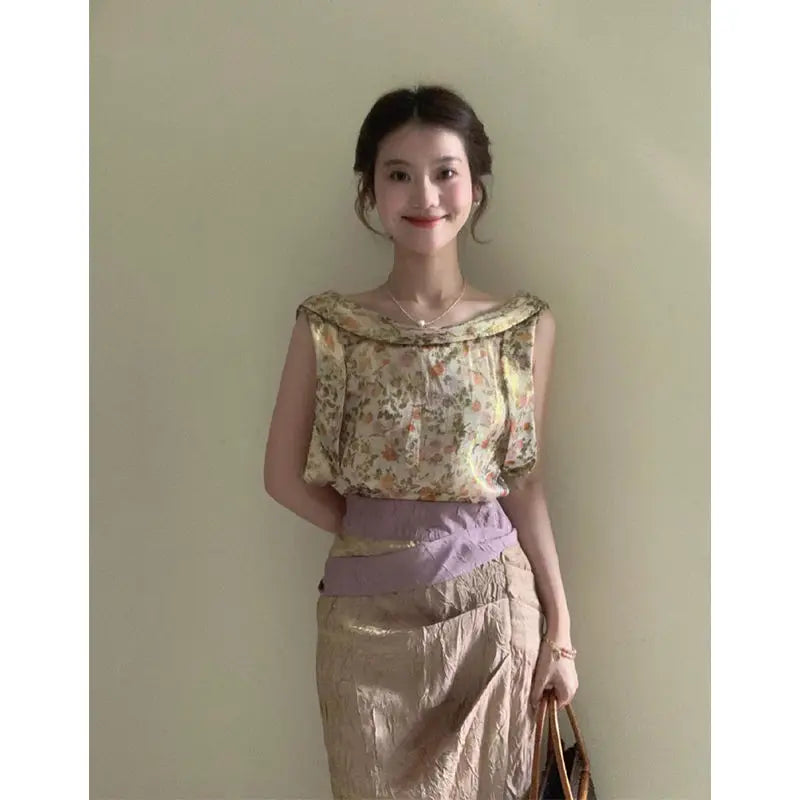 MQTIME - French Vintage Printed Sleeveless Top Ladies Elegant Style Slimming Lace up Long Skirt Set Summer Two Piece Sets Women Outfits