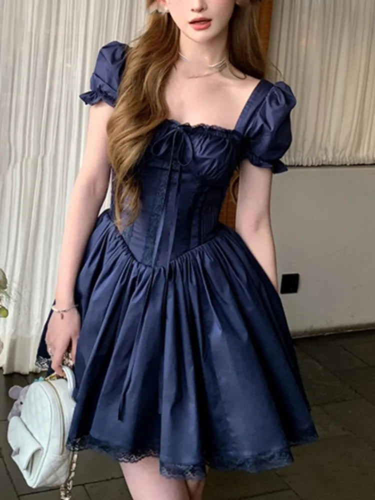 MQTIME - Y2K Princess Lace Patchwork Kawaii Dress Women Square Collar Off Shoulder Lace Up A-line Puff Sleeve French Style Party Dresses