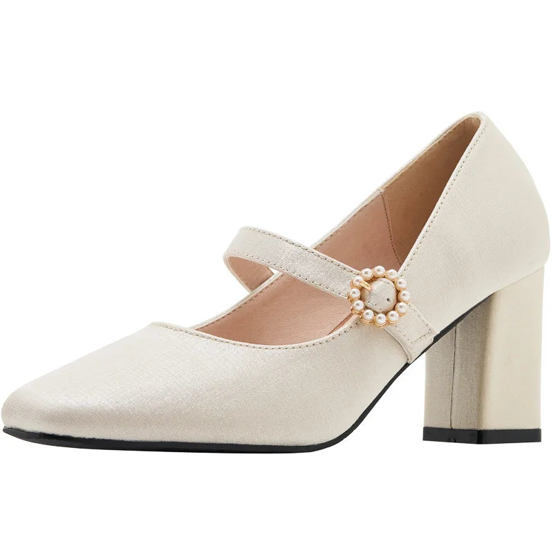 MQTIME - Vintage Pearl Buckle Thick-Heeled Silk Satin High Heels Mary Jane Shoes for Women Chunky Heels Pumps Woman Shoes Fat Wide Feet