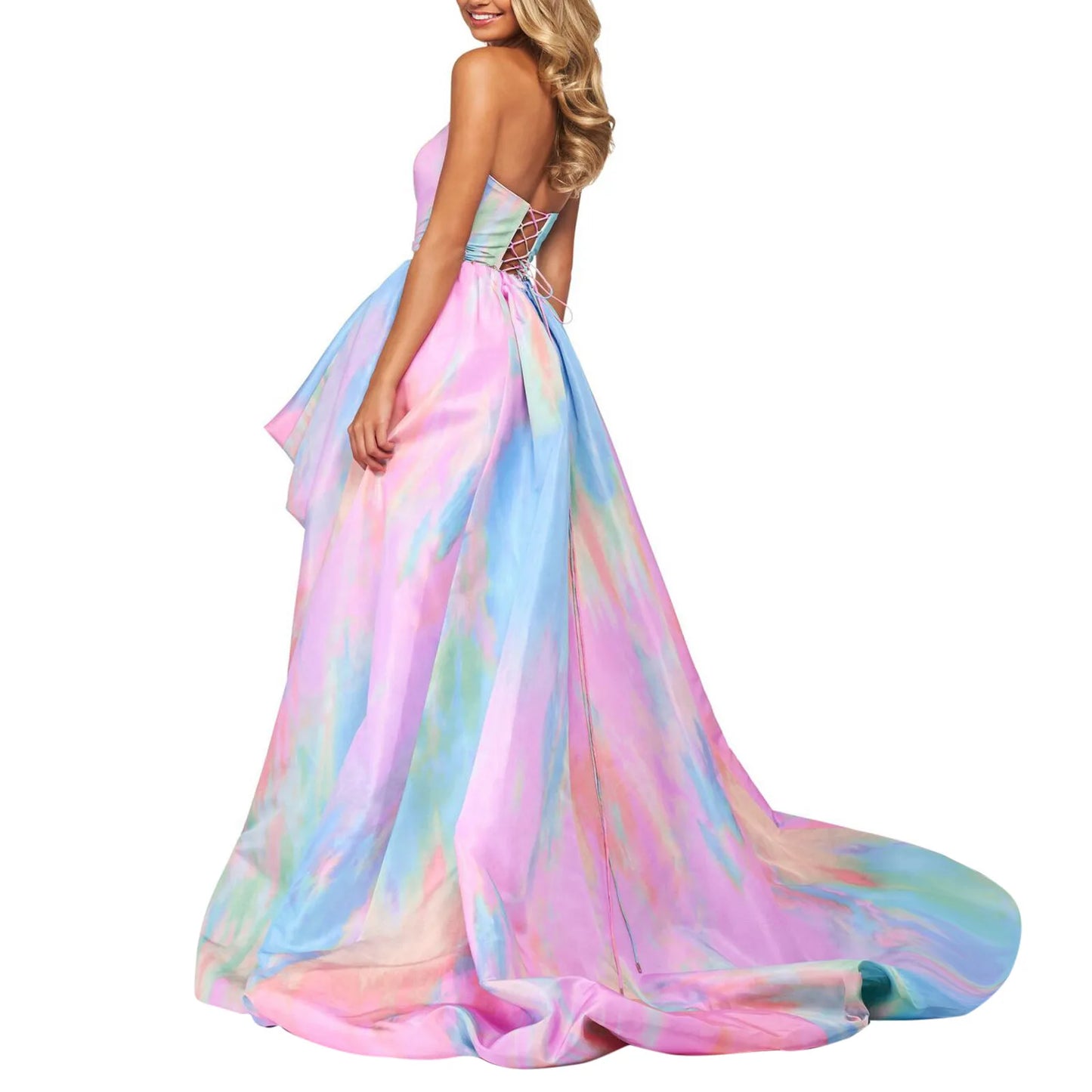 MQTIME - Fashion Sexy Girls Birthday Dress Rainbow Frock Pleated Backless Lace Up Strapless Maxi Party Evening Dress Cocktail Femme Robe