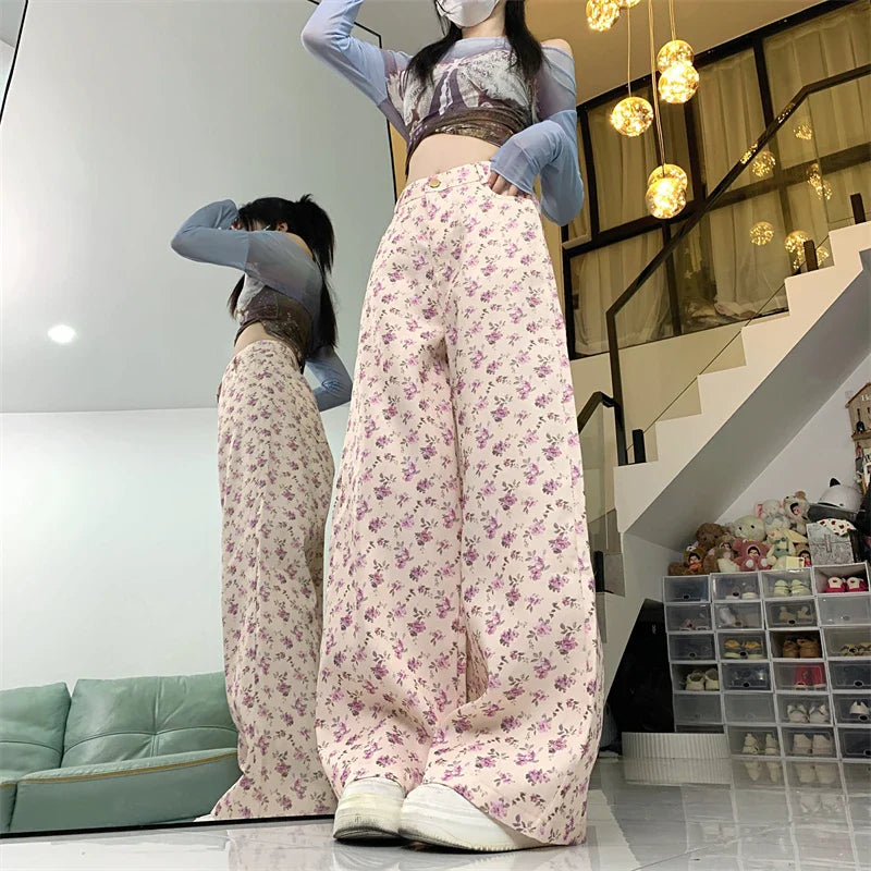 nvxiot - 2024 Spring/Summer floral loose fitting high waisted slimming straight leg wide leg pants for women's casual floor mopping pants