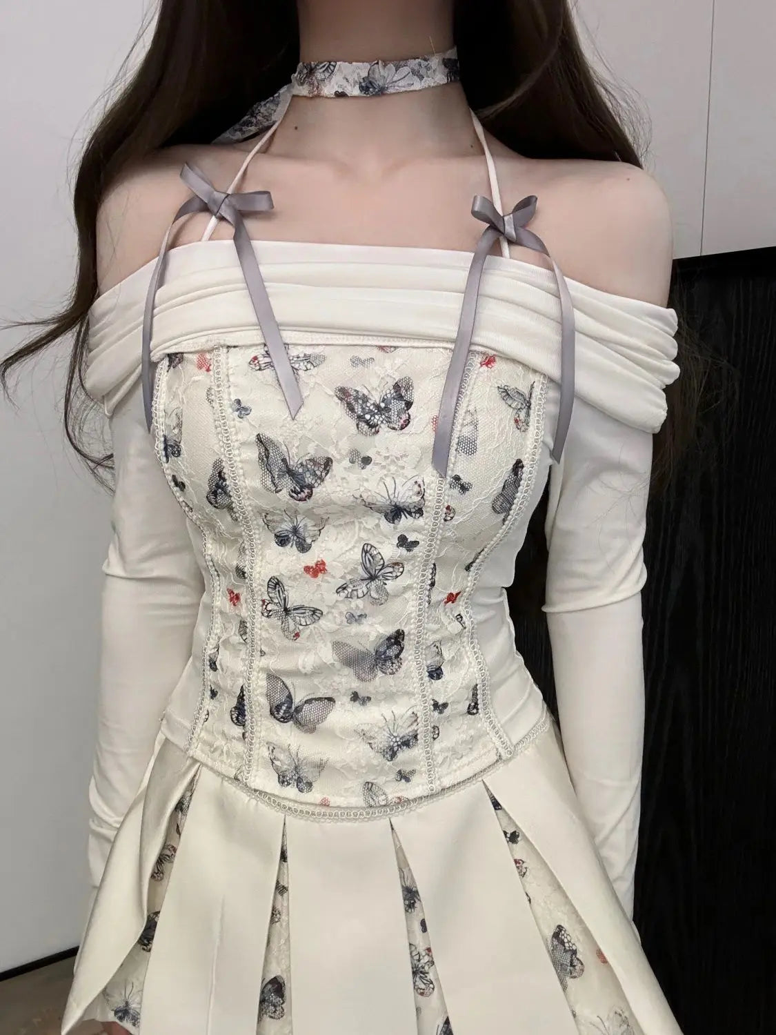 MQTIME - Off Shoulder Slash Neck butterfly Embroidery Graphic Crop Top Long Sleeve T-Shirt Women T Shirt fairycore 2000s y2k grunge goth