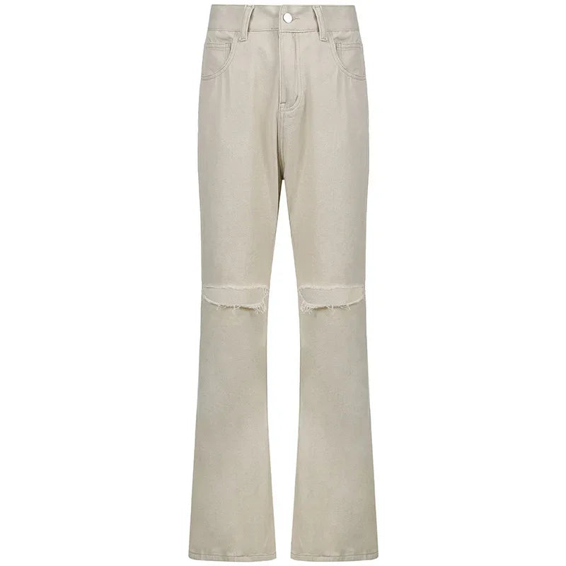 nvxiot - New Apricot Autumn Casual Wide-leg Pants with Holes In The Knees Solid Color High-waist Denim Trousers Women Streetwear