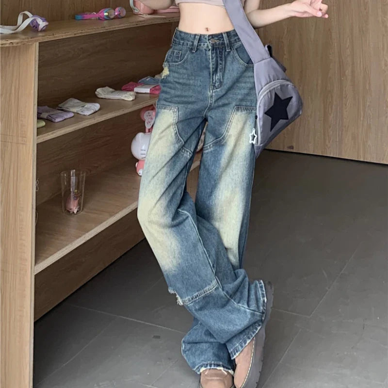 nvxiot Vintage Y2K Distressed Hole All Match Washed Jeans Women Summer New High Waist Bleached Loose Casual Wide Leg Pants