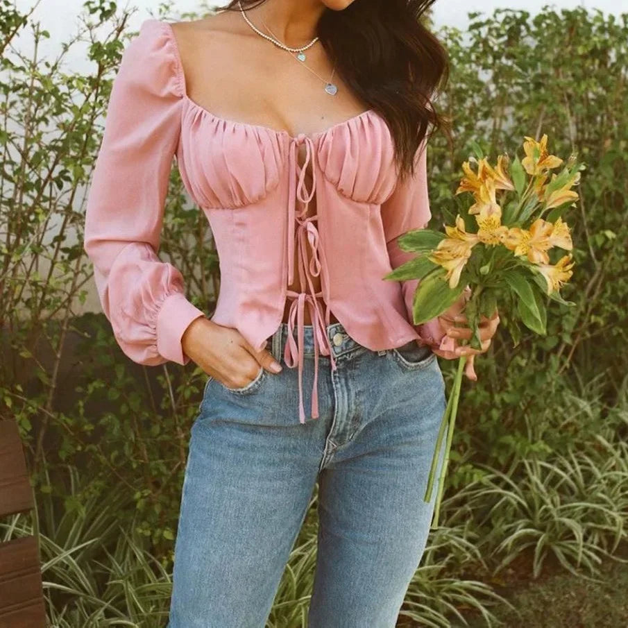 MQTIME - Sweet 2024 Tees Women Sexy Long Sleeve Pullover Korean Lady Solid Elegant Square Collar T-Shirts Pink Lace Up Tops Streetwear