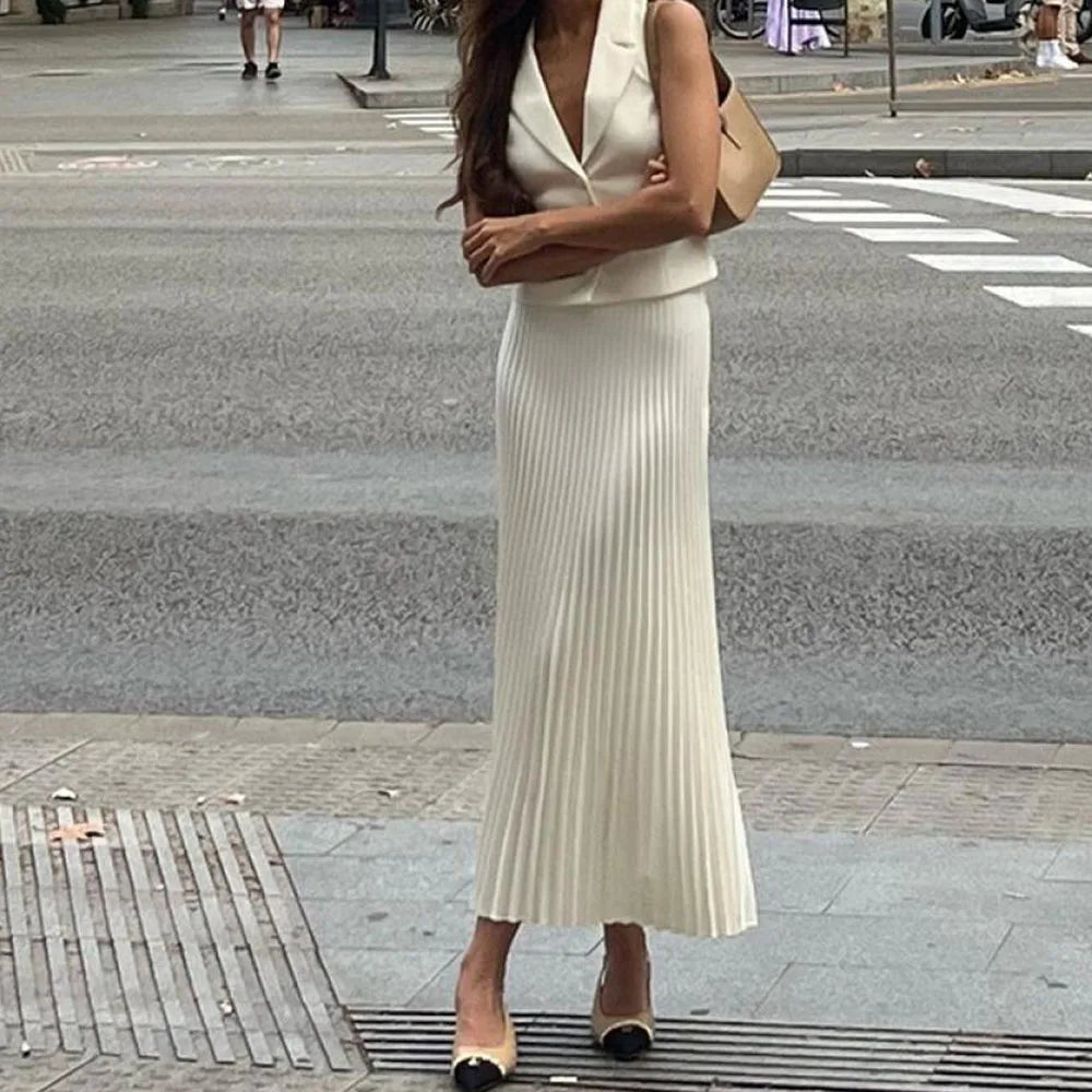MQTIME - Women Summer 2 Piece Business Suit Sleeveless Button Front Vest High Elastic Waist Pleated Swing A Line Skirts Casual Set