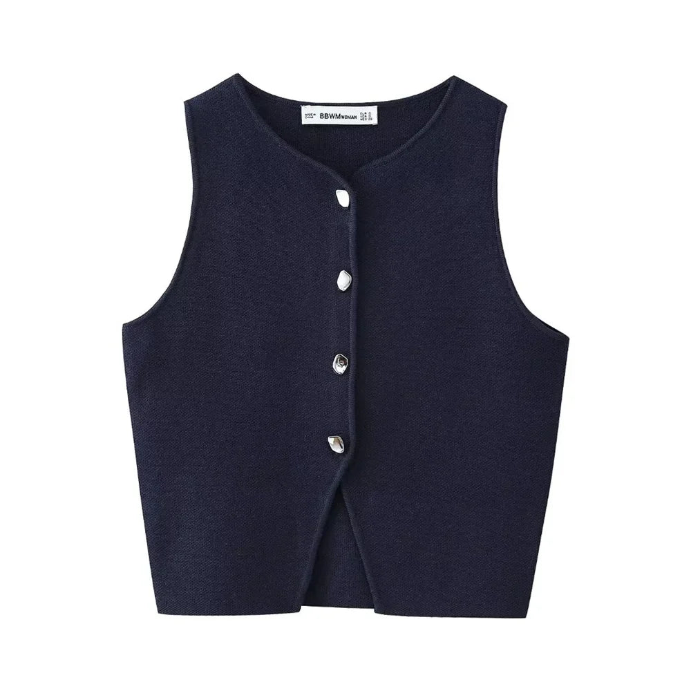 MQTIME - European and American Style 2024 Summer New Women's Fashion Casual Versatile Sleeveless Button Decoration Knitted Short Top