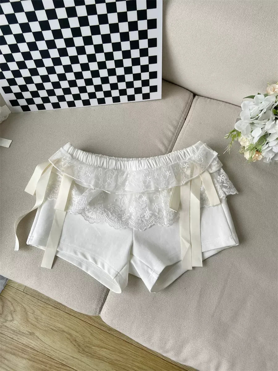 nvxiot - Lace Patchwork Black Shorts Women Bow Elastic Waist Sexy Girl Tight Short Pants Summer Ballet Style Chic Kawaii Clothes