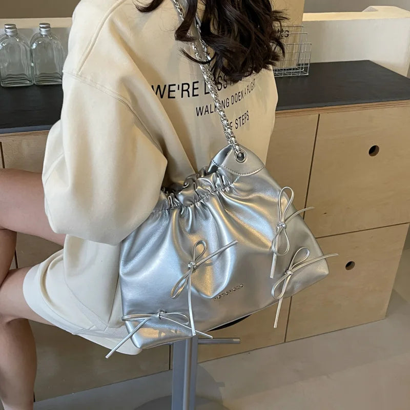 MQTIME - 2024 Summer New Ladies Handbag Fashion Simple Beige Pink Silver Pu Bucket Bags For Women Trendy Casual Shoulder Bag Crossbody