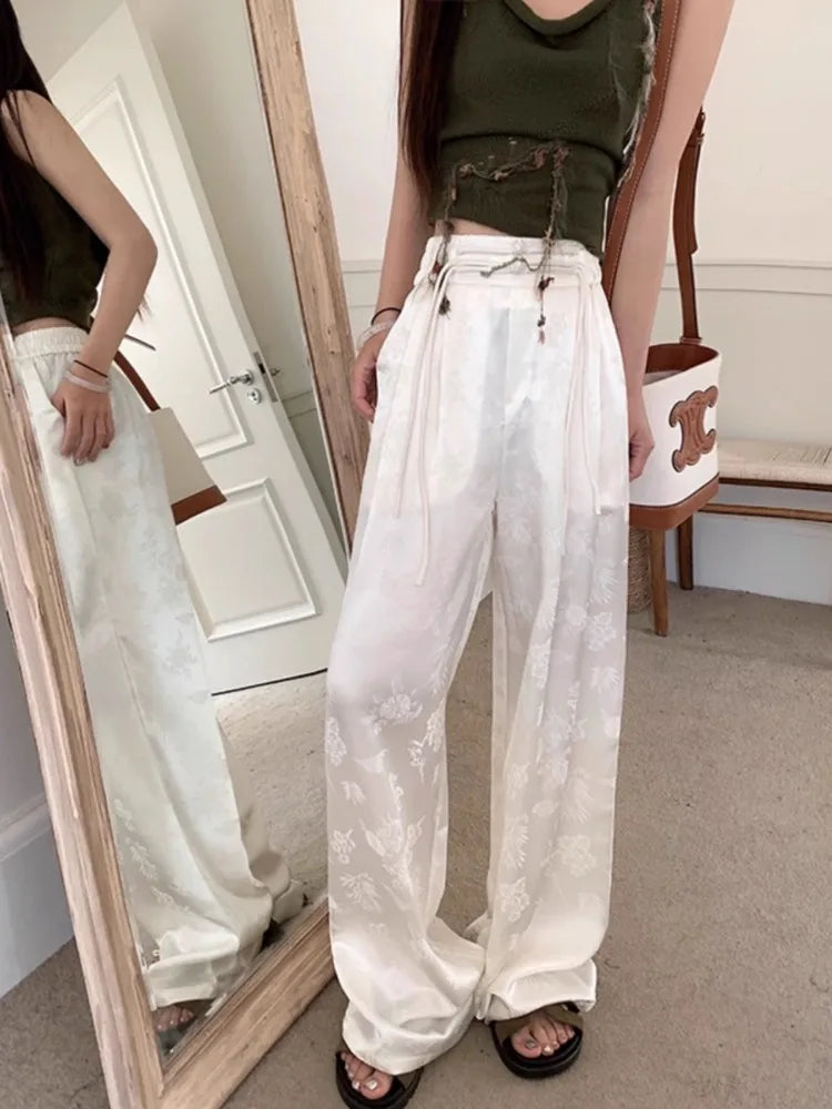 nvxiot - Satin Flower Graphic Long Pants Women Elastic High Waisted Wide Leg Pants Chinese Style Fashion Summer Loose Trousers