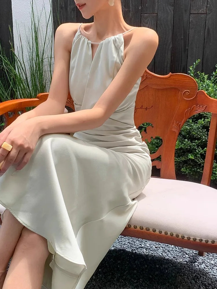 nvxiot - White Neck Hanging Dress New Women'S Satin Rope Fishtail Slit High-End Slim Fit Long Dress