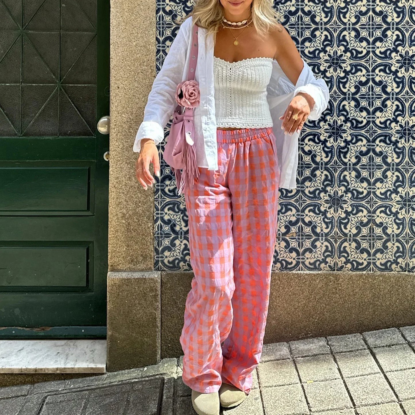 nvxiot - Y2K Womens Plaid Print Pants Vintage Elastic High Waist Wide Leg Loose Fit Trousers Casual Pull On Long Pants Streetwear