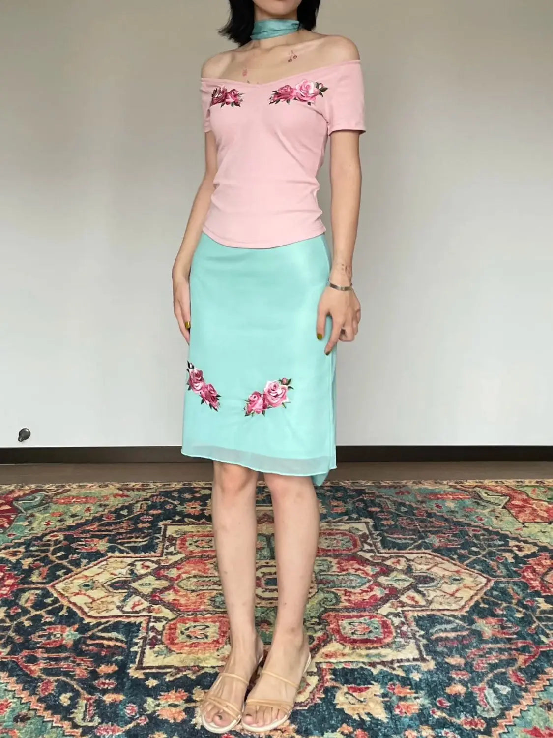 MQTIME - Two Piece Set,women suit crop top and skirt suits,flower print v-neck t-shirt fairycore 00s aesthetic skirts set y2k cute tshirt