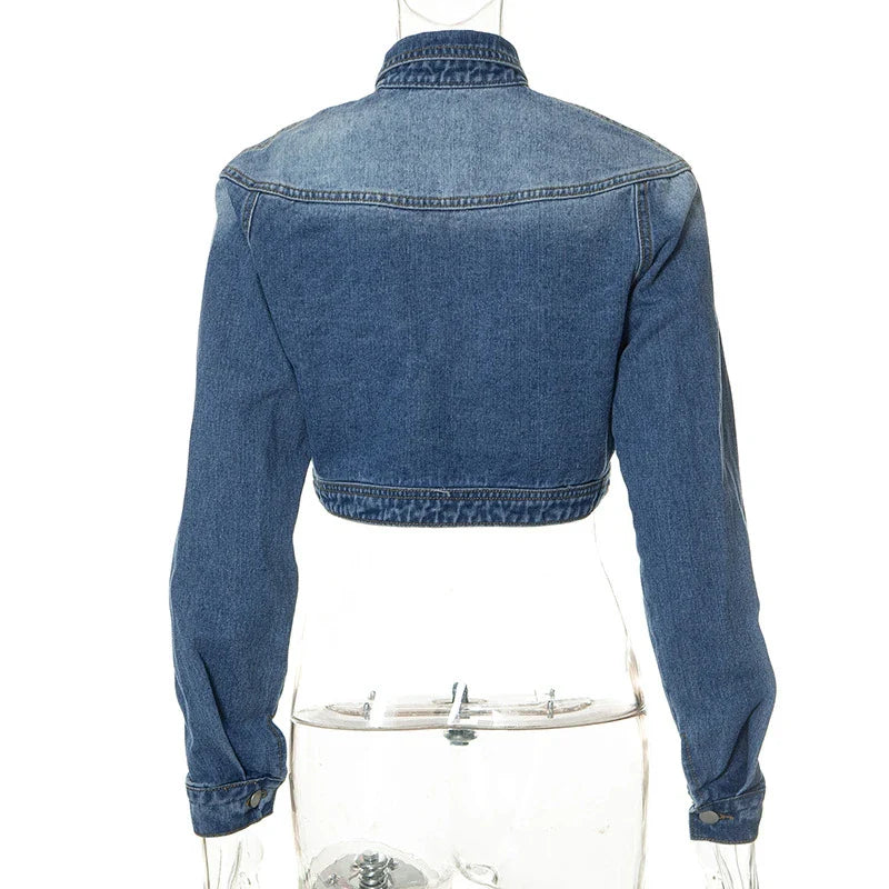 nvxiot - Women Jeans Cardigan Turn Down Collar Long Sleeve Pockets Single Button Short Denim Jackets Crop Tops Female Casual Coats