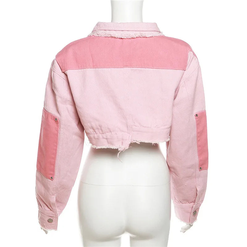 nvxiot - Tassel Color Patchwork Cargo Jeans Jackets Women Fashion Turn Down Collar Long Sleeve Buttons Rivets Asymmetrical Denim Coat