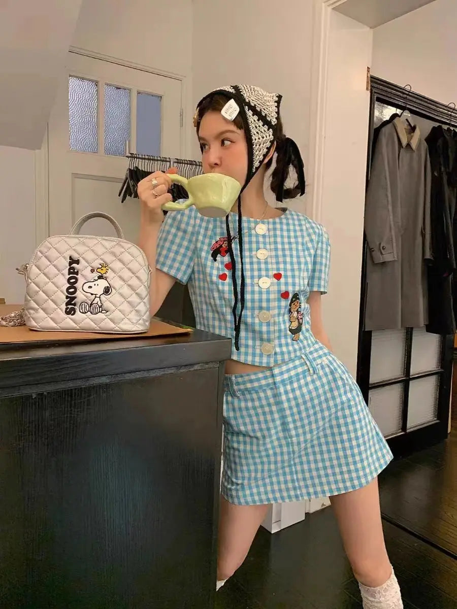MQTIME - Summer Sweet Skirts Set Blue and White Plaid Embroidered Short Sleeve Top High Waist Short Skirt Two Piece Set Women Outfits