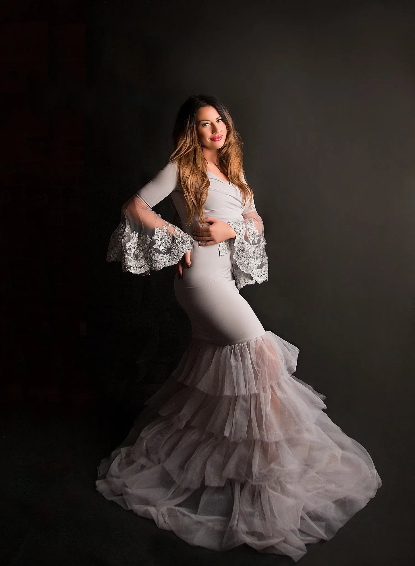 nvxiot - Gray Prom Dresses Elegant Mermaid Maternity Dresses for Women Lace Appliques Tiered Pregnant Babyshower Gowns Photography Props