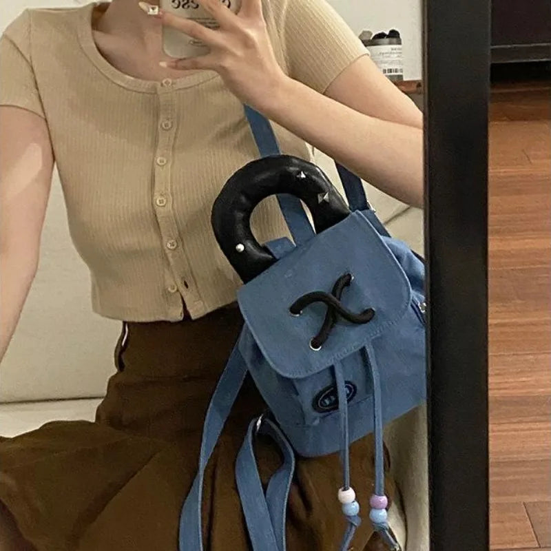 nvxiot - Denim Small Backpack Korean Fashion Harajuku Style 2024 New Student Backpack Sweet Cute Casual Luxury Female Kawaii Bag