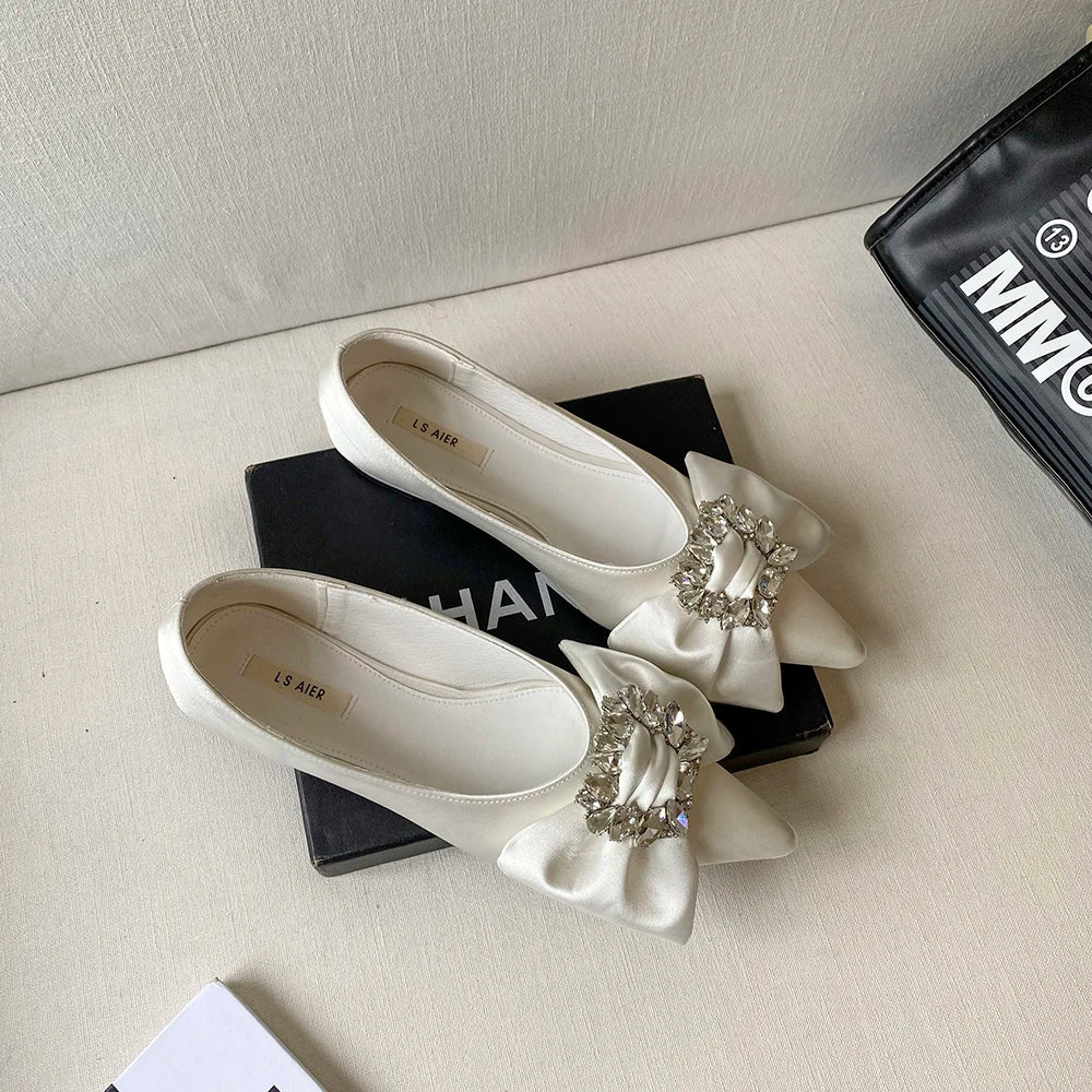 nvxiot Satin Women Loafers Flats Pointed Toe Autumn Spring Daliy Work Shoes Rhonestone Bow Design Flat Heels Black Green White 35-39