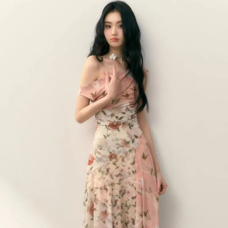 MQTIME - Fragmented Floral Patchwork Dress For Women'S Summer New High-End Design, Elastic Mesh Diagonal Shoulder Slit Irregular Slim Fit