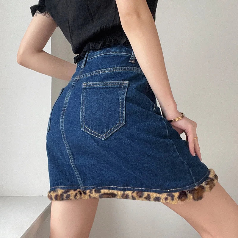 nvxiot - Fashion Blue Denim Skirt Female 2024 Leopard Print Frayed Design Sense Hollow Hole High Waist Slim Bag Hip Skirt Women Clothes