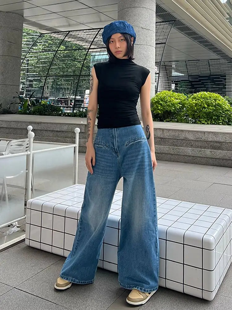 nvxiot - Womens Jeans High Waisted Boyfriend Baggy Loose Wide Straight Leg Casual Blue Denim Pant @ harajuku streetwear y2k korean cloth