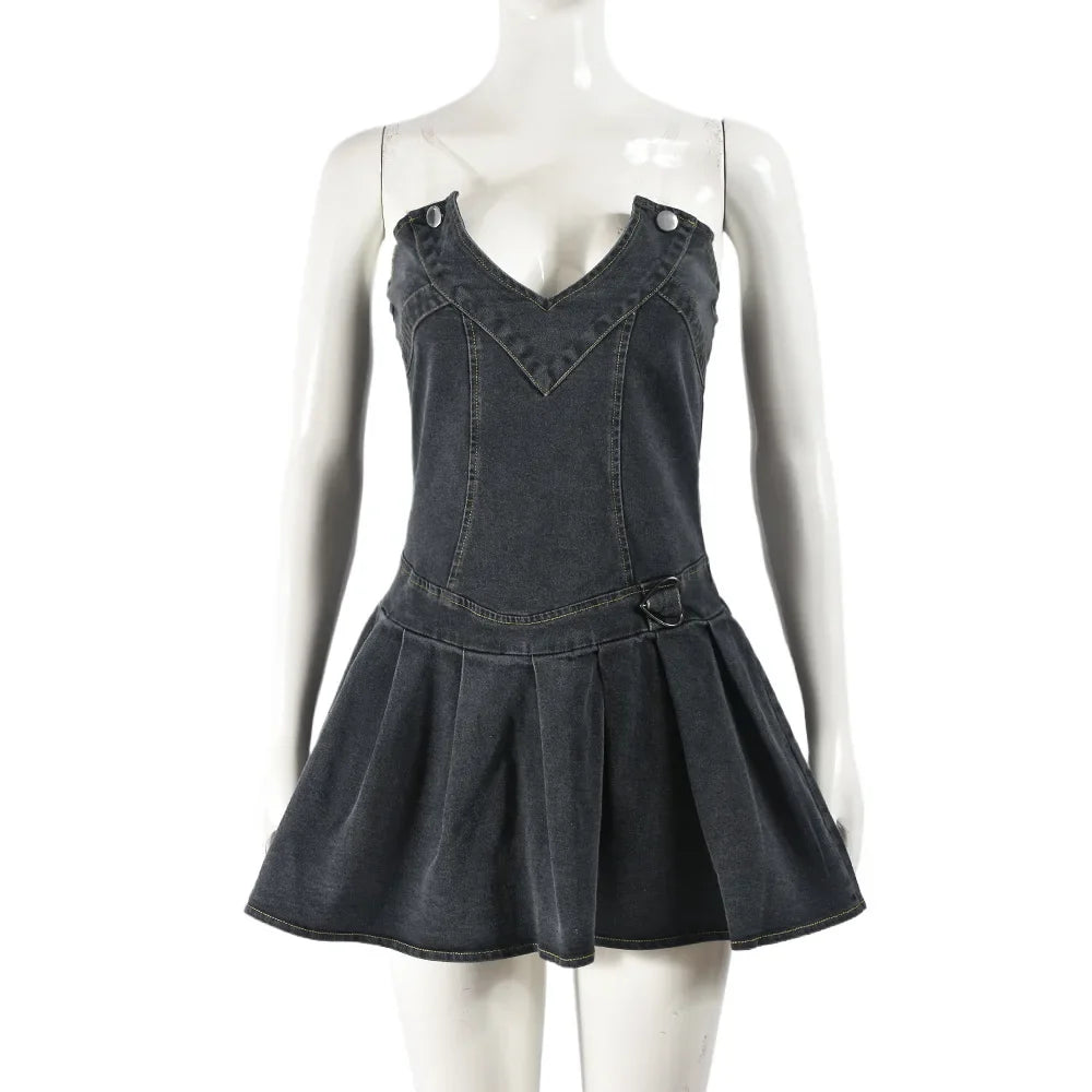 nvxiot - Women Summer Strapless Mini Pleated Denim Dress Sexy V-neck Sleeveless Zip-up Backless Slim Casual Streetwear Jeans Clubwear