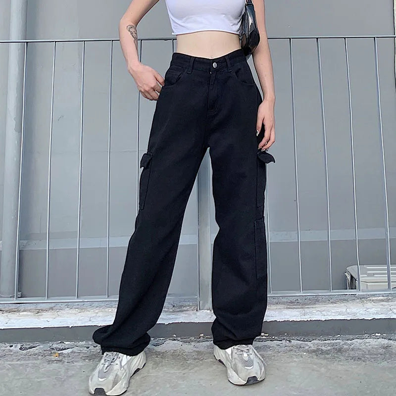 nvxiot Jeans women new casual loose straight pants high waist fashion pocket casual pants women's street fashion denim trousers