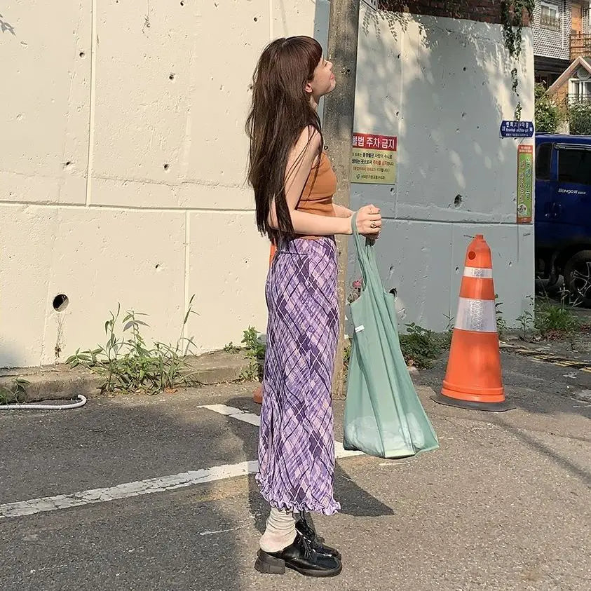 MQTIME - Vintage Purple Plaid Midi Long Skirt Plus Size Oversized 4XL Women Skirts y2k fairycore 2000s aesthetic korean clothing japanese
