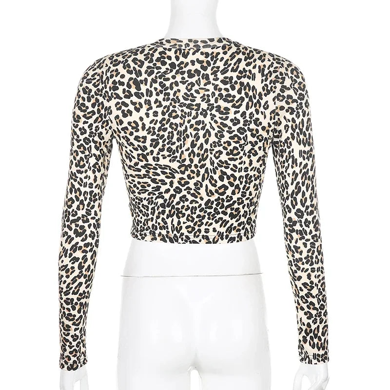 MQTIME - Leopard Women T Shirt Long Sleeve Crop Top Y2K Tees Top Outfits Button Skinny Sexy Summer Tshirt Streetwear Spring Top Fashion