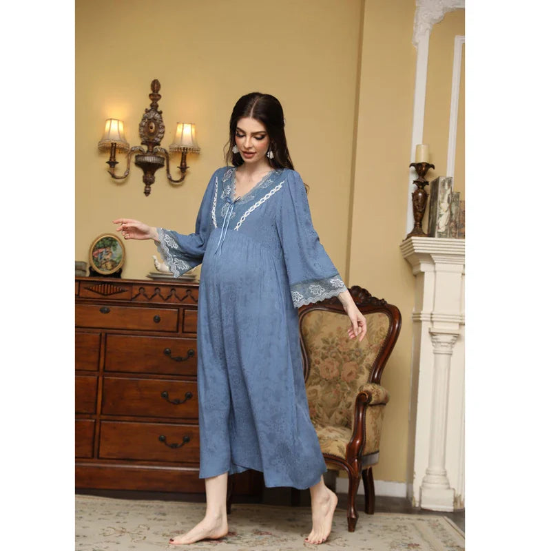 nvxiot - Pregnant Women's Sleeping Dress Four Seasons New Sweet Princess Gravida Lounge Dress Loose Soft Breathable Home Furnishing Dress