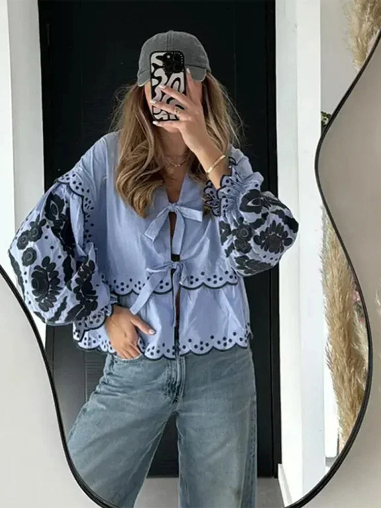 MQTIME - Elegant Floral Print Lace Up Bow Shirts for Women Sweet V Neck Lantern Long Sleeve Blouse Spring Summer Female Streetwear Tops