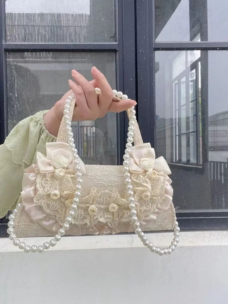 nvxiot - Fairycore Aesthetic Handbag Women Retro Harajuku Lolita Pearl Sweet Shoulder Bags Female Vintage Handle Handbags Ladies
