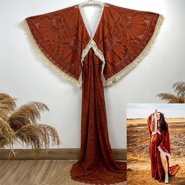 MQTIME - Bohemian Maternity Photography Dress Lace Party Gown Vintage Boho Pregnancy Robe Photo Shoot Prop Clothes